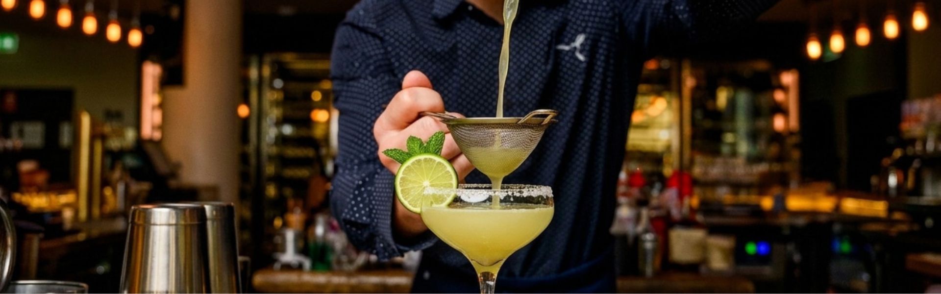 Bartender pouring a margarita through a strainer into a salt-rimmed glass during happy hour