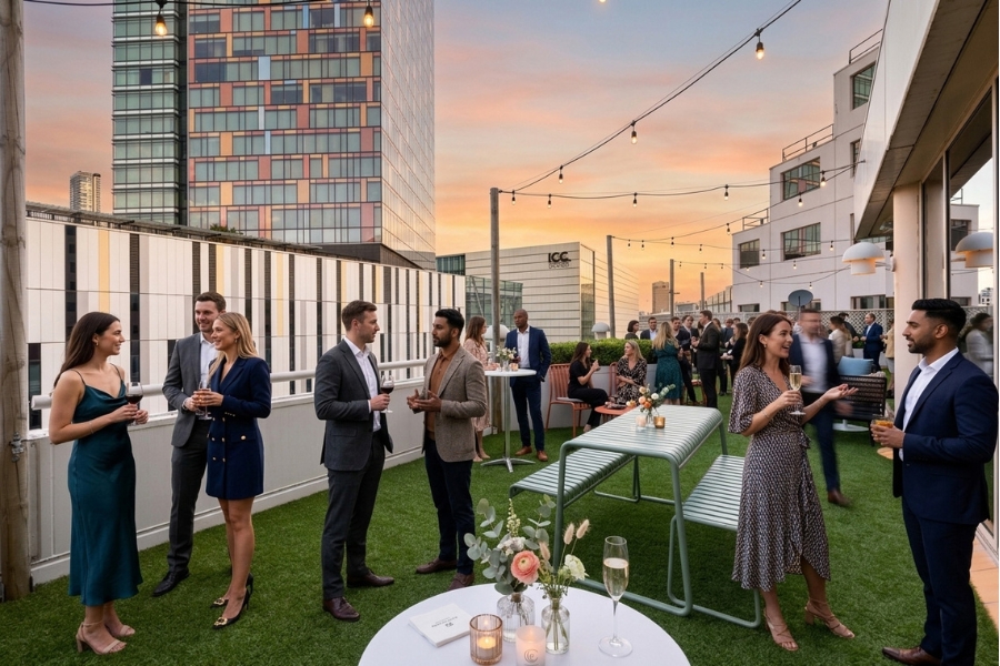 Guests enjoying a rooftop cocktail event with city views at The Ternary Sydney