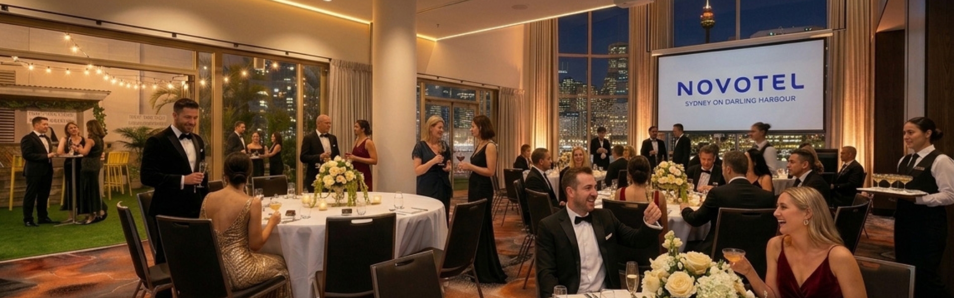 Formal event with dinner and drinks overlooking Sydney at night