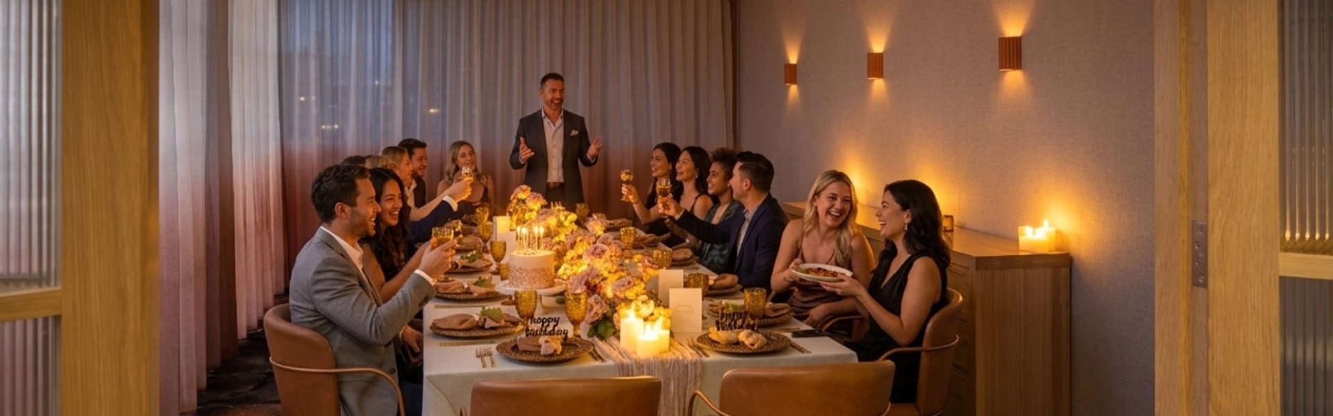 Guests celebrating a private dinner event with drinks and birthday cake at The Ternary Sydney